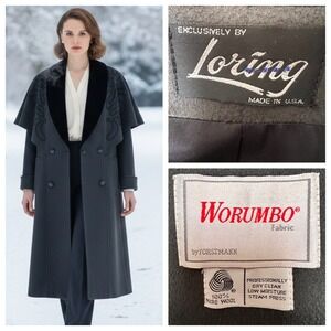 Vtg 80's Loring Worumbo‎ Forstmann Wool Coat Grey Velvet Capelet Old Money M USA